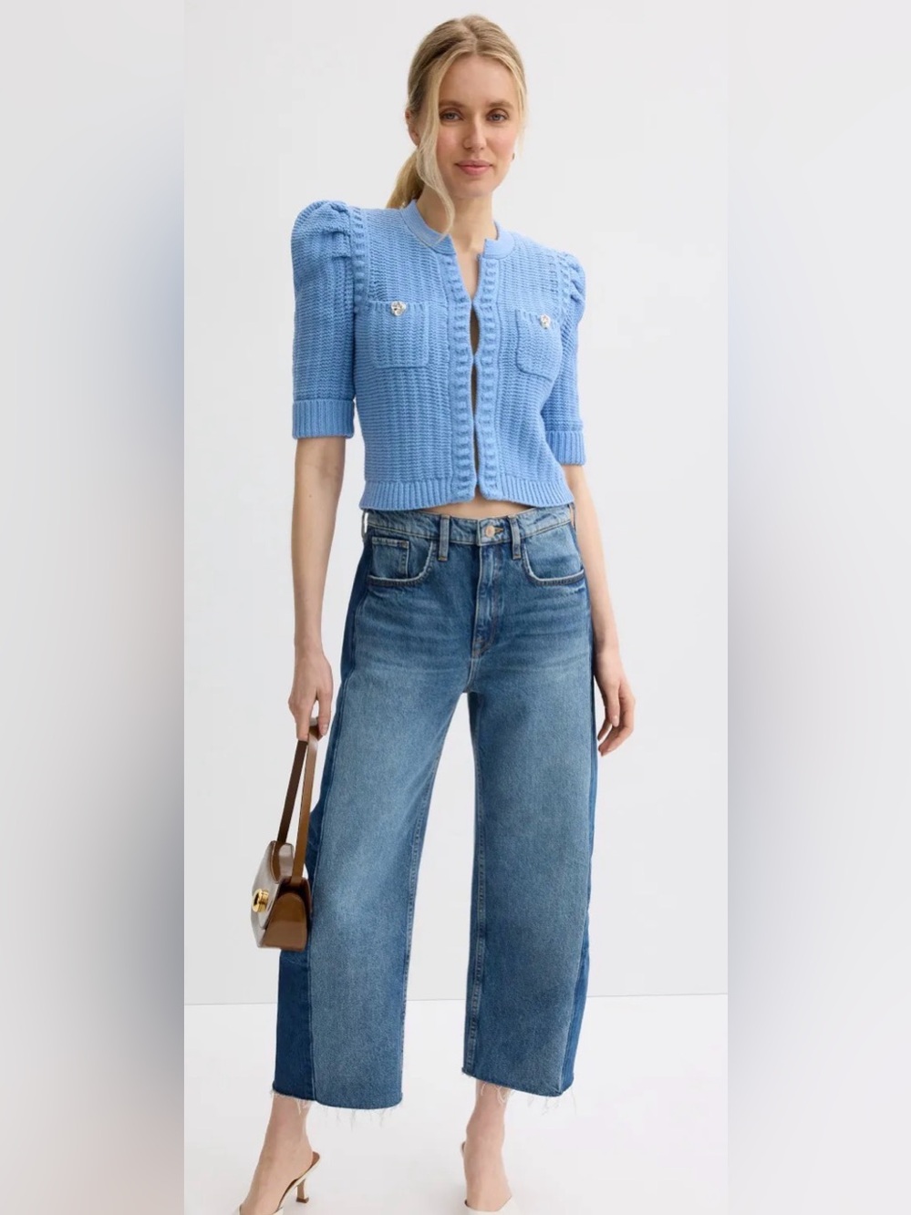 L'AGENCE Sky Blue Cropped Knit Cardigan